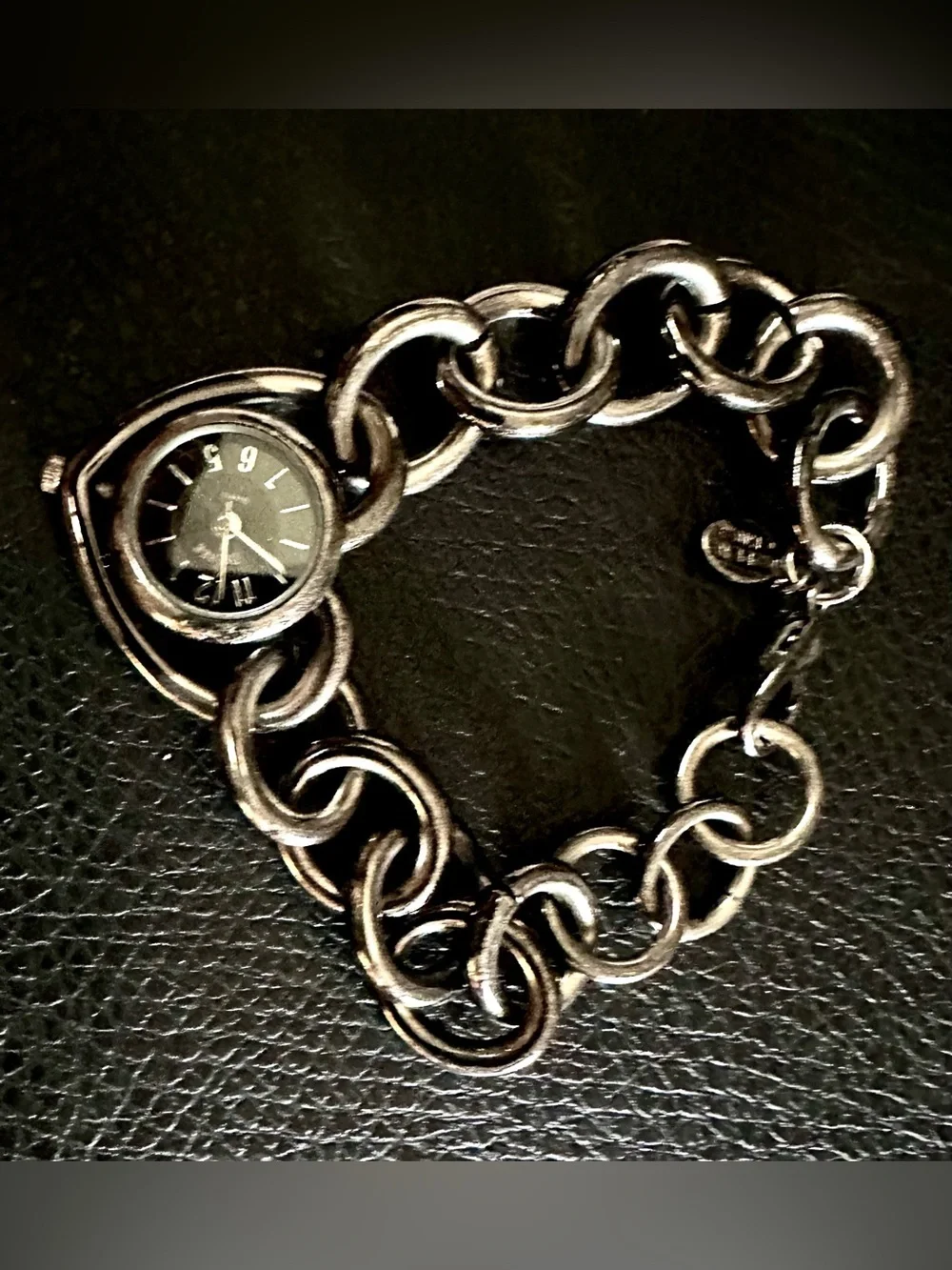 Decree Silver Heart Link Bracelet Watch with Black Dial